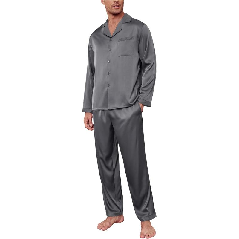 imageEkouaer Mens Silk Pajama Set Long Satin Loungewear 2 Piece Pjs Classic Button Down Sleepwear SXXLDark Grey
