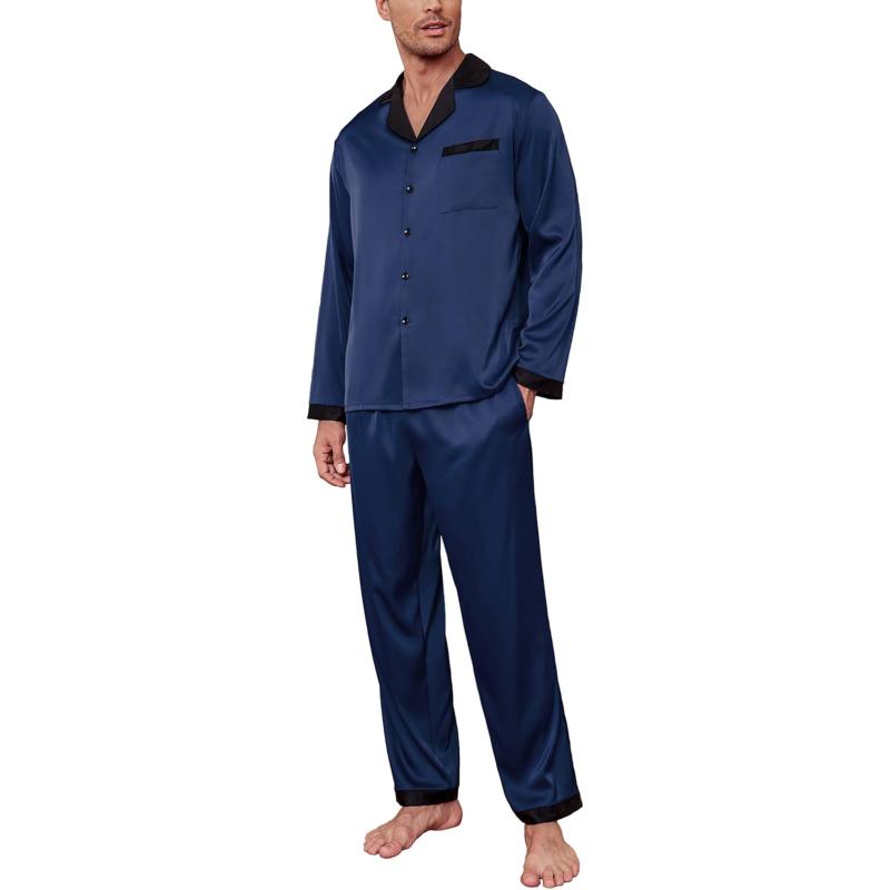 imageEkouaer Mens Silk Pajama Set Long Satin Loungewear 2 Piece Pjs Classic Button Down Sleepwear SXXLNavy Blue