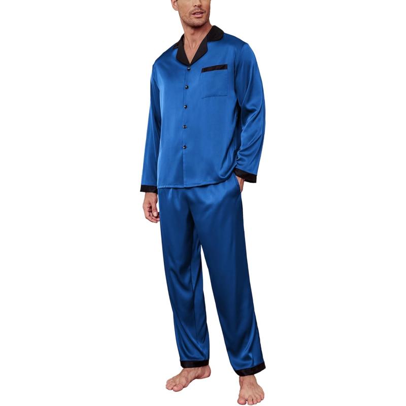 imageEkouaer Mens Silk Pajama Set Long Satin Loungewear 2 Piece Pjs Classic Button Down Sleepwear SXXLRoyal Blue