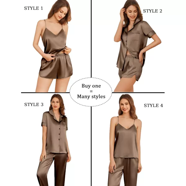 imageEkouaer 4PCs Womens Satin Silky Pajama Set Button Down Top and Long Pants Loungewear Camisole Top and Shorts SleepwearBrown