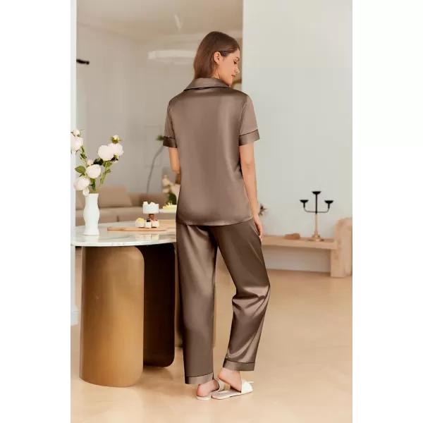 imageEkouaer 4PCs Womens Satin Silky Pajama Set Button Down Top and Long Pants Loungewear Camisole Top and Shorts SleepwearBrown