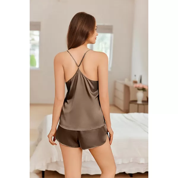 imageEkouaer 4PCs Womens Satin Silky Pajama Set Button Down Top and Long Pants Loungewear Camisole Top and Shorts SleepwearBrown