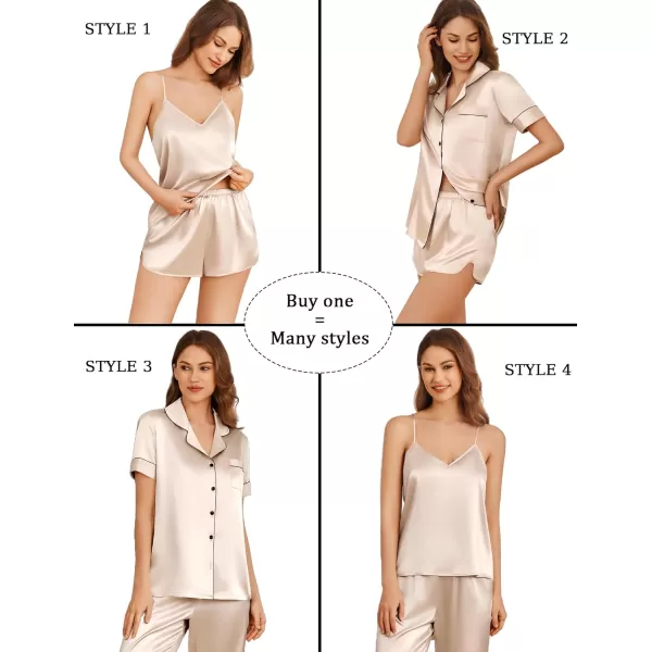 imageEkouaer 4PCs Womens Satin Silky Pajama Set Button Down Top and Long Pants Loungewear Camisole Top and Shorts SleepwearChampagne