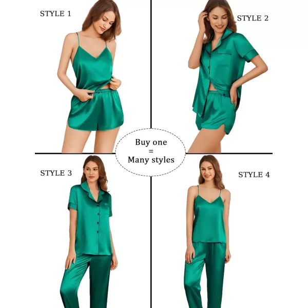 imageEkouaer 4PCs Womens Satin Silky Pajama Set Button Down Top and Long Pants Loungewear Camisole Top and Shorts SleepwearGreen