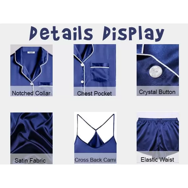 imageEkouaer 4PCs Womens Satin Silky Pajama Set Button Down Top and Long Pants Loungewear Camisole Top and Shorts SleepwearLight Blue