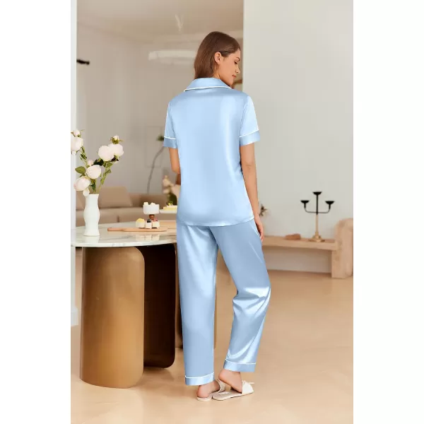 imageEkouaer 4PCs Womens Satin Silky Pajama Set Button Down Top and Long Pants Loungewear Camisole Top and Shorts SleepwearLight Blue