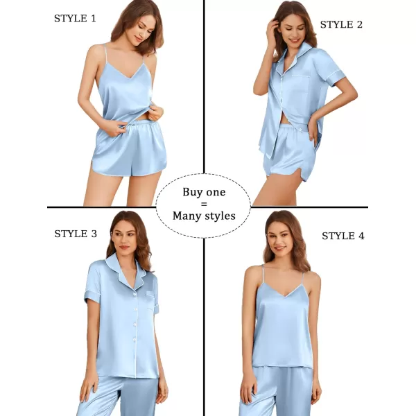 imageEkouaer 4PCs Womens Satin Silky Pajama Set Button Down Top and Long Pants Loungewear Camisole Top and Shorts SleepwearLight Blue