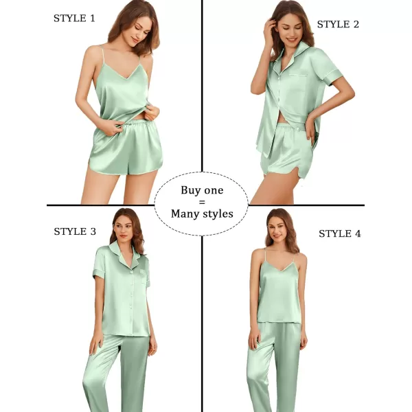 imageEkouaer 4PCs Womens Satin Silky Pajama Set Button Down Top and Long Pants Loungewear Camisole Top and Shorts SleepwearLight Green