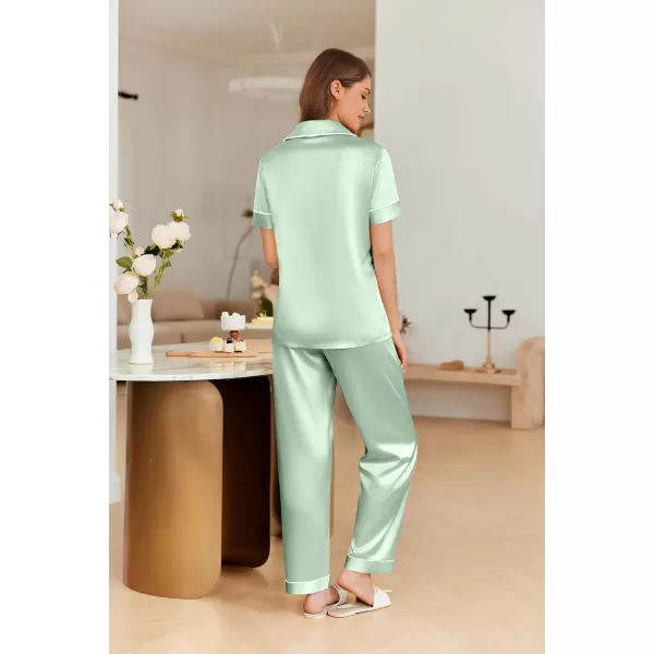 imageEkouaer 4PCs Womens Satin Silky Pajama Set Button Down Top and Long Pants Loungewear Camisole Top and Shorts SleepwearLight Green