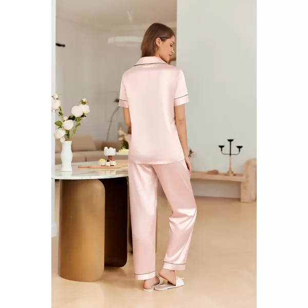imageEkouaer 4PCs Womens Satin Silky Pajama Set Button Down Top and Long Pants Loungewear Camisole Top and Shorts SleepwearLight Pink