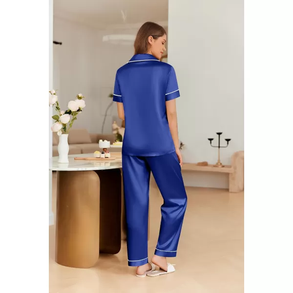 imageEkouaer 4PCs Womens Satin Silky Pajama Set Button Down Top and Long Pants Loungewear Camisole Top and Shorts SleepwearNavy Blue
