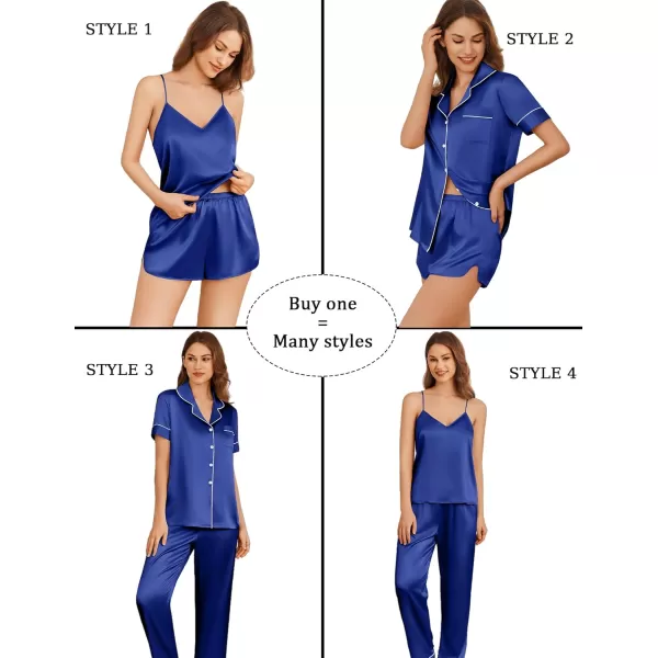 imageEkouaer 4PCs Womens Satin Silky Pajama Set Button Down Top and Long Pants Loungewear Camisole Top and Shorts SleepwearNavy Blue