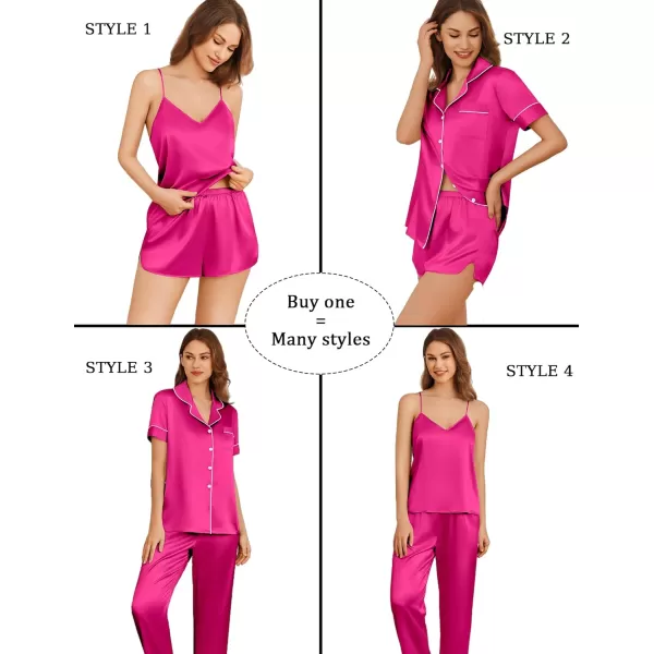 imageEkouaer 4PCs Womens Satin Silky Pajama Set Button Down Top and Long Pants Loungewear Camisole Top and Shorts SleepwearRose Red