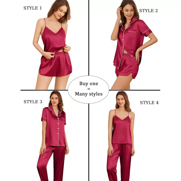 imageEkouaer 4PCs Womens Satin Silky Pajama Set Button Down Top and Long Pants Loungewear Camisole Top and Shorts SleepwearWine Red