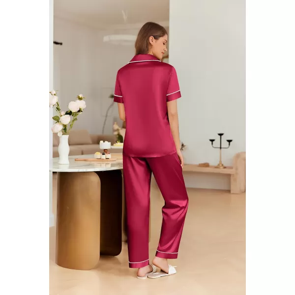 imageEkouaer 4PCs Womens Satin Silky Pajama Set Button Down Top and Long Pants Loungewear Camisole Top and Shorts SleepwearWine Red