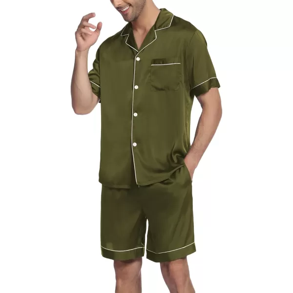 imageEkouaer Mens Satin Pajamas Set ButtonDown Short Sleeve Shirt Top Soft Silk Sleepwear Loose Pocket Pant LoungewearArmy Green