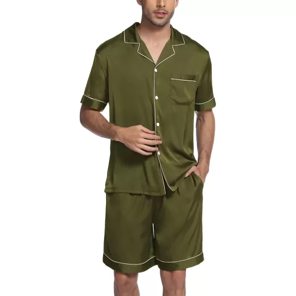 imageEkouaer Mens Satin Pajamas Set ButtonDown Short Sleeve Shirt Top Soft Silk Sleepwear Loose Pocket Pant LoungewearArmy Green