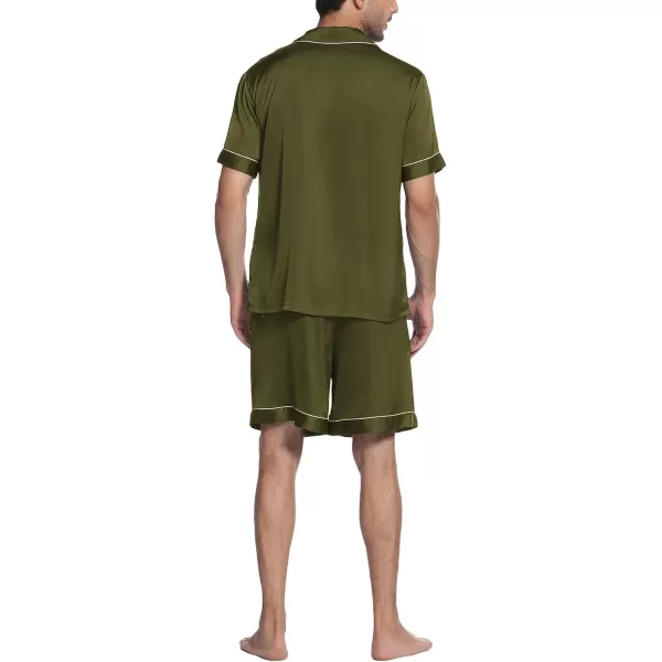 imageEkouaer Mens Satin Pajamas Set ButtonDown Short Sleeve Shirt Top Soft Silk Sleepwear Loose Pocket Pant LoungewearArmy Green