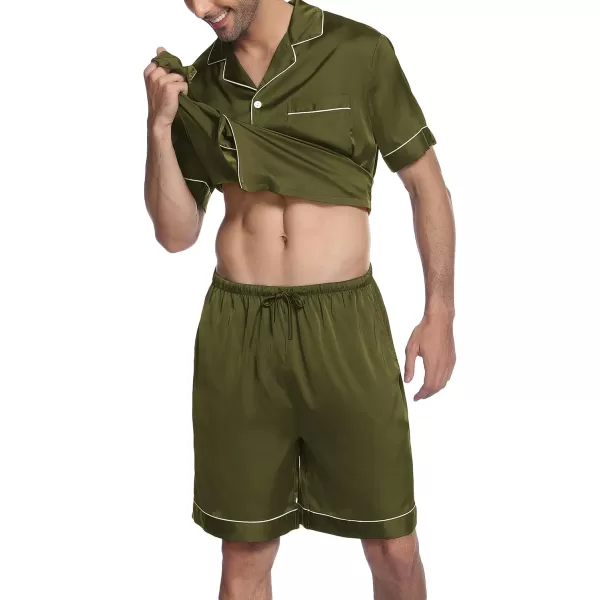 imageEkouaer Mens Satin Pajamas Set ButtonDown Short Sleeve Shirt Top Soft Silk Sleepwear Loose Pocket Pant LoungewearArmy Green