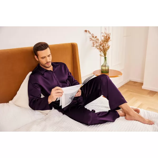 imageEkouaer Mens Silk Pajama Set Long Sleeve Button Down Shirts Pjs Pants Set Satin Sleepwear Loungewear Set with PocketsPurple