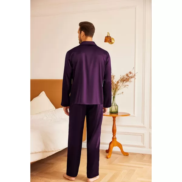 imageEkouaer Mens Silk Pajama Set Long Sleeve Button Down Shirts Pjs Pants Set Satin Sleepwear Loungewear Set with PocketsPurple