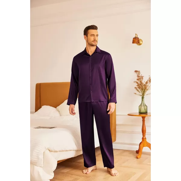 imageEkouaer Mens Silk Pajama Set Long Sleeve Button Down Shirts Pjs Pants Set Satin Sleepwear Loungewear Set with PocketsPurple