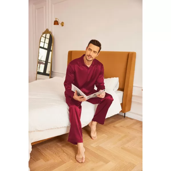 imageEkouaer Mens Silk Pajama Set Long Sleeve Button Down Shirts Pjs Pants Set Satin Sleepwear Loungewear Set with PocketsWine Red