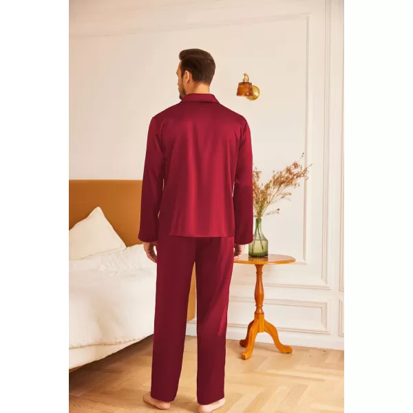 imageEkouaer Mens Silk Pajama Set Long Sleeve Button Down Shirts Pjs Pants Set Satin Sleepwear Loungewear Set with PocketsWine Red