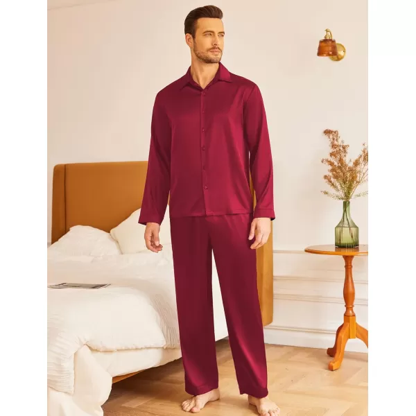 imageEkouaer Mens Silk Pajama Set Long Sleeve Button Down Shirts Pjs Pants Set Satin Sleepwear Loungewear Set with PocketsWine Red