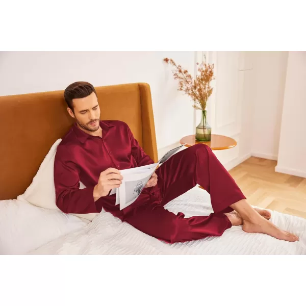 imageEkouaer Mens Silk Pajama Set Long Sleeve Button Down Shirts Pjs Pants Set Satin Sleepwear Loungewear Set with PocketsWine Red