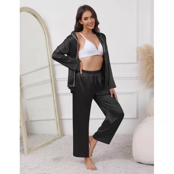imageEkouaer Pajamas For Women Set Silk Pjs 2 Piece Satin Sleepwear Long Sleeve Button Down Lounge Sets With PantBlack