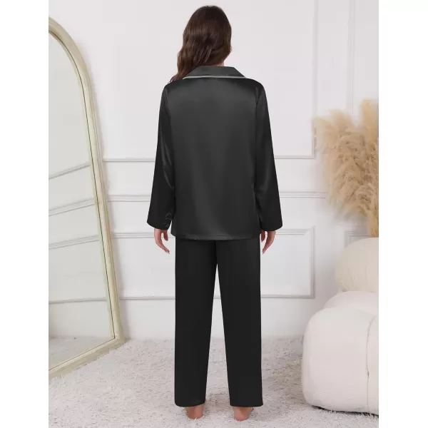 imageEkouaer Pajamas For Women Set Silk Pjs 2 Piece Satin Sleepwear Long Sleeve Button Down Lounge Sets With PantBlack
