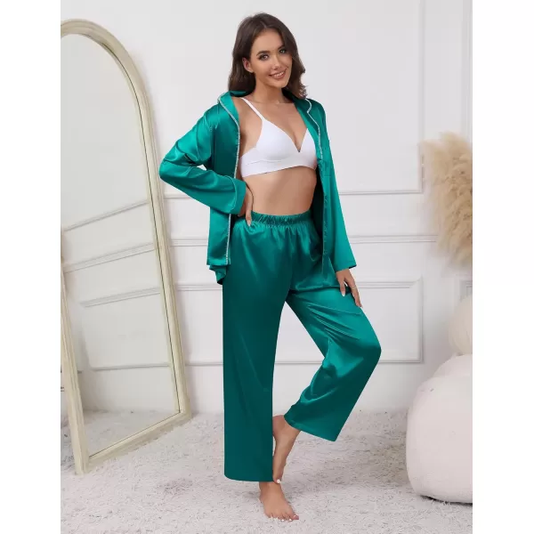 imageEkouaer Pajamas For Women Set Silk Pjs 2 Piece Satin Sleepwear Long Sleeve Button Down Lounge Sets With PantBlue Green