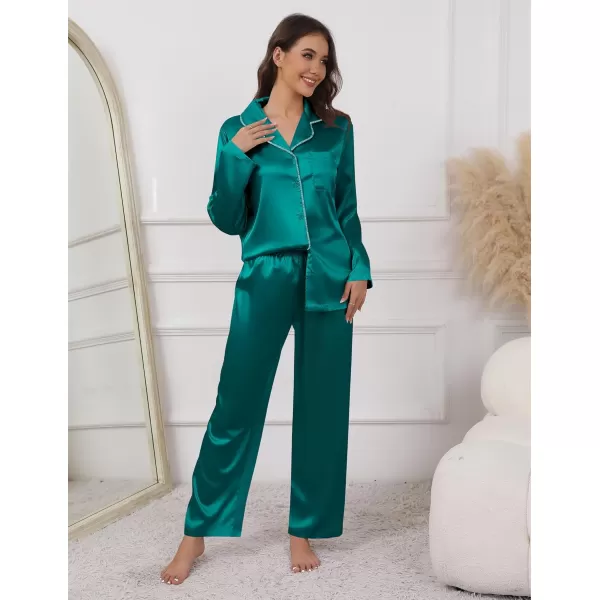 imageEkouaer Pajamas For Women Set Silk Pjs 2 Piece Satin Sleepwear Long Sleeve Button Down Lounge Sets With PantBlue Green