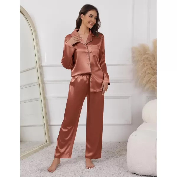 imageEkouaer Pajamas For Women Set Silk Pjs 2 Piece Satin Sleepwear Long Sleeve Button Down Lounge Sets With PantCaramel