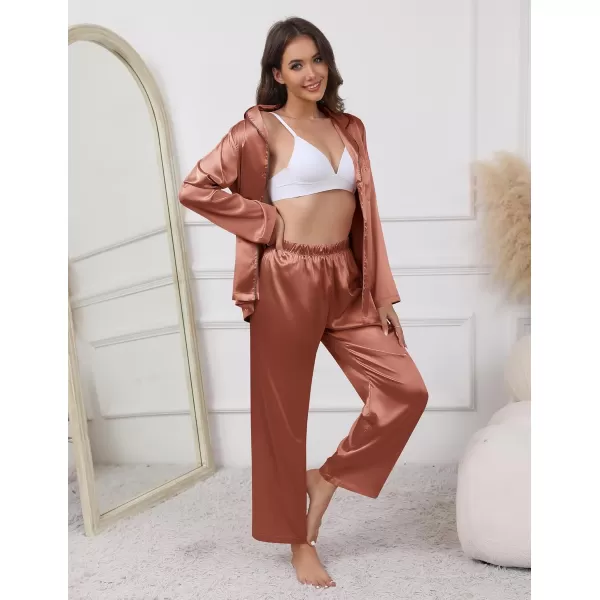 imageEkouaer Pajamas For Women Set Silk Pjs 2 Piece Satin Sleepwear Long Sleeve Button Down Lounge Sets With PantCaramel