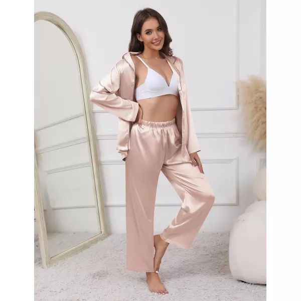 imageEkouaer Pajamas For Women Set Silk Pjs 2 Piece Satin Sleepwear Long Sleeve Button Down Lounge Sets With PantChampagne