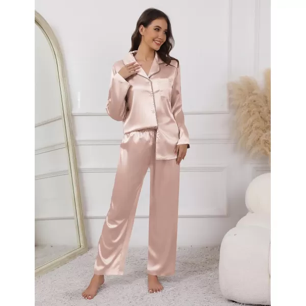 imageEkouaer Pajamas For Women Set Silk Pjs 2 Piece Satin Sleepwear Long Sleeve Button Down Lounge Sets With PantChampagne