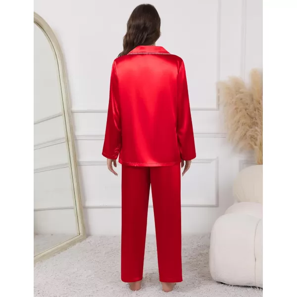 imageEkouaer Pajamas For Women Set Silk Pjs 2 Piece Satin Sleepwear Long Sleeve Button Down Lounge Sets With PantChristmas Red
