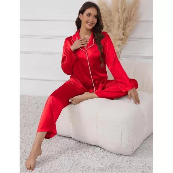 imageEkouaer Pajamas For Women Set Silk Pjs 2 Piece Satin Sleepwear Long Sleeve Button Down Lounge Sets With PantChristmas Red
