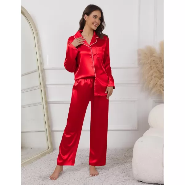 imageEkouaer Pajamas For Women Set Silk Pjs 2 Piece Satin Sleepwear Long Sleeve Button Down Lounge Sets With PantChristmas Red