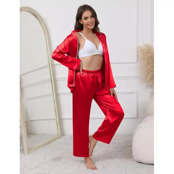 imageEkouaer Pajamas For Women Set Silk Pjs 2 Piece Satin Sleepwear Long Sleeve Button Down Lounge Sets With PantChristmas Red