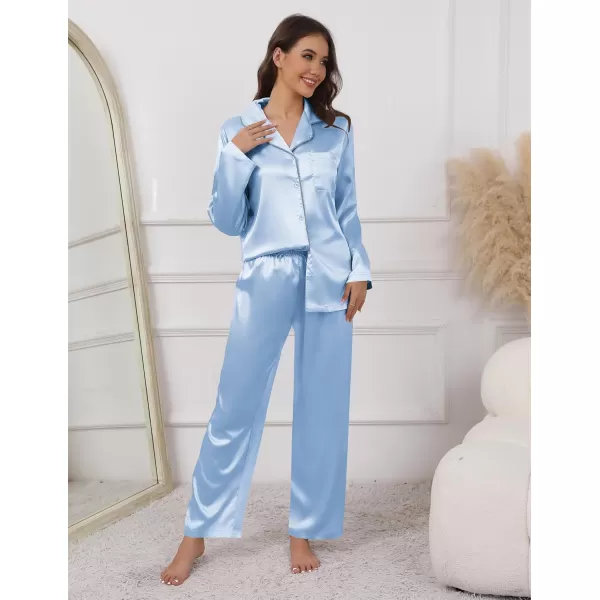 imageEkouaer Pajamas For Women Set Silk Pjs 2 Piece Satin Sleepwear Long Sleeve Button Down Lounge Sets With PantClear Blue