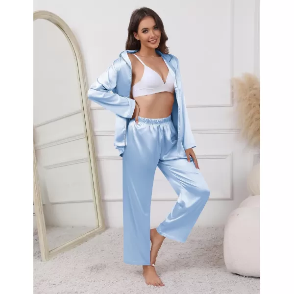 imageEkouaer Pajamas For Women Set Silk Pjs 2 Piece Satin Sleepwear Long Sleeve Button Down Lounge Sets With PantClear Blue