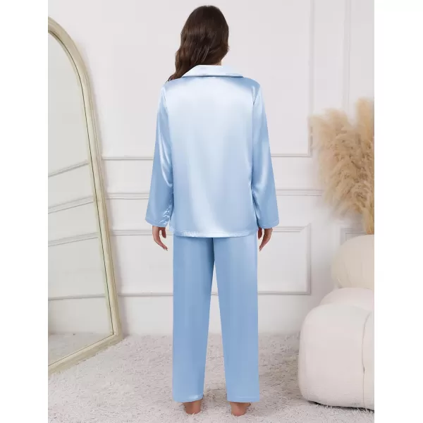 imageEkouaer Pajamas For Women Set Silk Pjs 2 Piece Satin Sleepwear Long Sleeve Button Down Lounge Sets With PantClear Blue