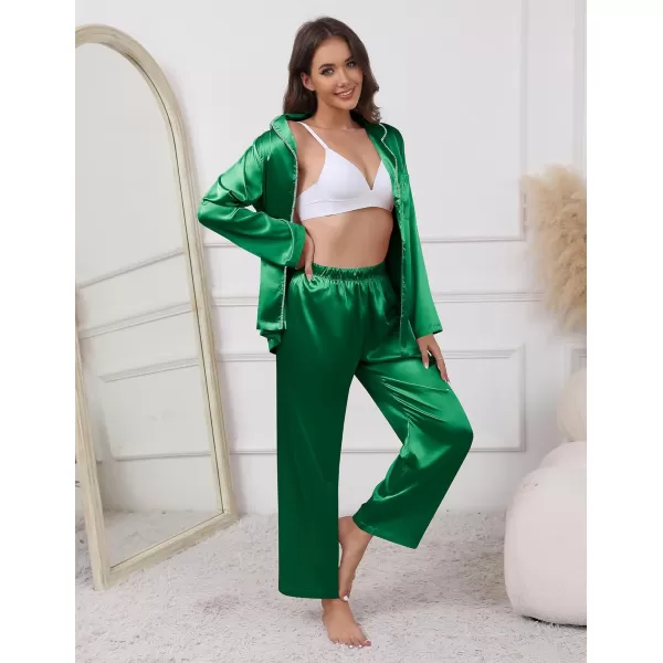 imageEkouaer Pajamas For Women Set Silk Pjs 2 Piece Satin Sleepwear Long Sleeve Button Down Lounge Sets With PantGreen