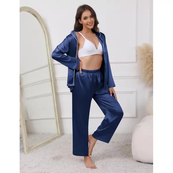 imageEkouaer Pajamas For Women Set Silk Pjs 2 Piece Satin Sleepwear Long Sleeve Button Down Lounge Sets With PantNavy Blue