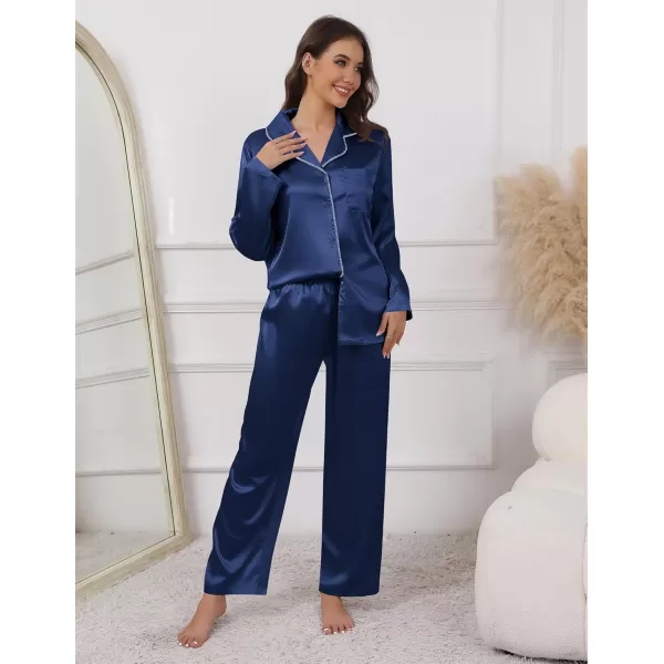 imageEkouaer Pajamas For Women Set Silk Pjs 2 Piece Satin Sleepwear Long Sleeve Button Down Lounge Sets With PantNavy Blue