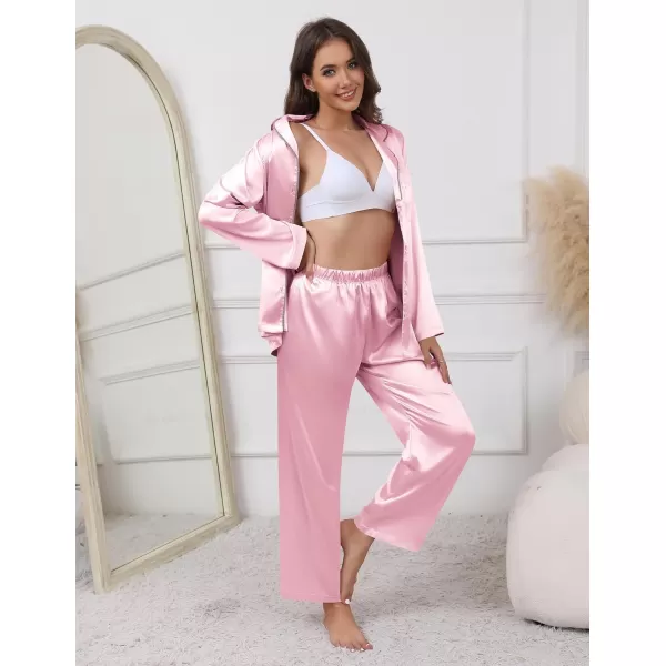 imageEkouaer Pajamas For Women Set Silk Pjs 2 Piece Satin Sleepwear Long Sleeve Button Down Lounge Sets With PantPink