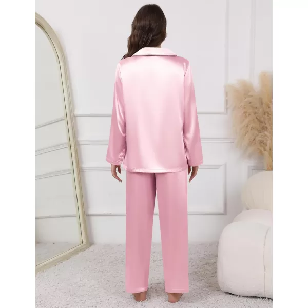 imageEkouaer Pajamas For Women Set Silk Pjs 2 Piece Satin Sleepwear Long Sleeve Button Down Lounge Sets With PantPink